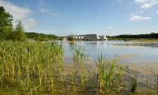 The Brockholes Visitor Village seen from across Meadow Lake during summer