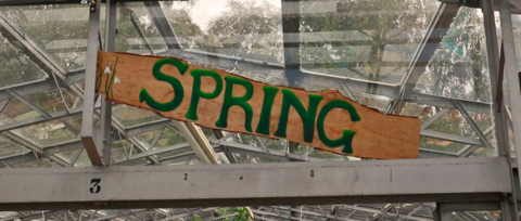 A sign with the word 'spring' painted on it