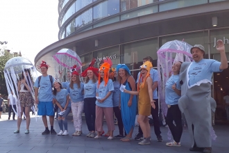 The Living Seas North West team ready to perform in a marine flash mob in Liverpool