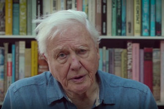 A still of Sir David Attenborough sitting in front of a book case in a Wildlife Trust video