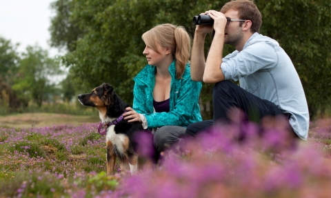 Couple birdwatching with dog