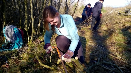 A woman taking part in a practical conservation day at Warton Crag nature reserve