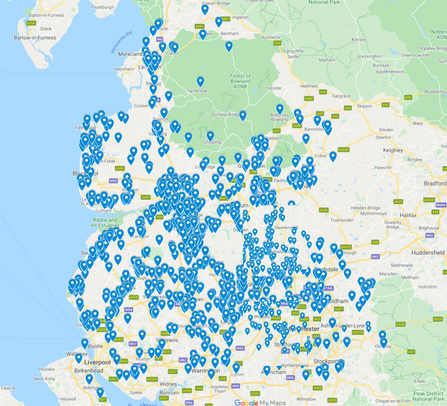 A map showing the locations of 1,085 hedgehog sightings across Lancashire, Manchester and North Merseyside