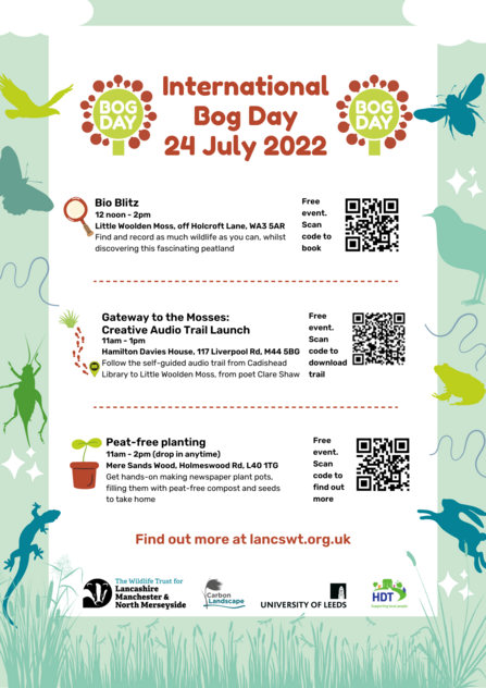 Poster with information and QR codes about Intrenational Bog Day 2022 events