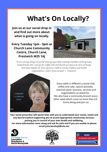 Poster - Social drop in Tuesday 1pm-3pm Church Lane Community Centre, Prestwich