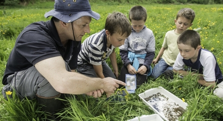 A group of children learning about insects in a field