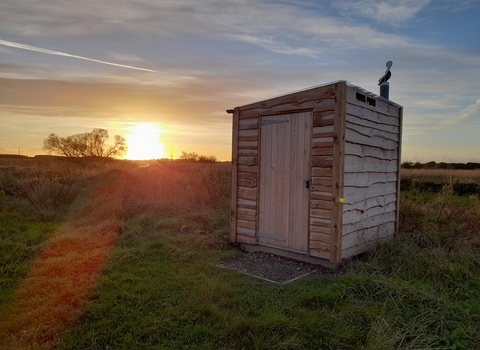 A wooden shed-like building housing a compost toilet standing amongst vegetation at Lunt Meadows as the sun sets behind it