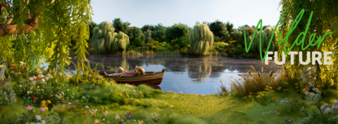 Ratty from The Wind in the Willows reclining in a boat on a river bordered by weeping willows