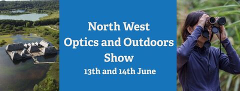 North West Optics and Outdoors Show 13th and 14th June with aerial photo of Brockholes floating visitor village on left and girl looking through binoculars on right.