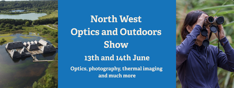 North West Optics and Outdoors Show 13th and 14th June with aerial photo of Brockholes floating visitor village on left and girl looking through binoculars on right.