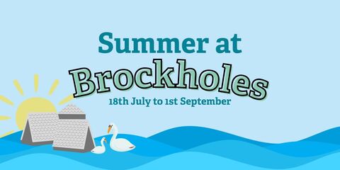 Cartoon of Brockholes with text reading Summer at Brockholes 18th July to 1st September