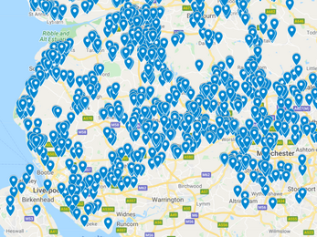 A map displaying hedgehog sightings across Greater Manchester and North Merseyside between October and November 2021