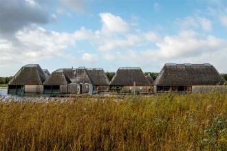 The floating Visitor Village in front of the reeds at Brockholes nature reserve