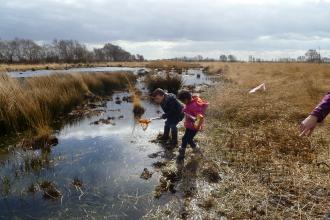 Two children enjoying pond dipping in a pool on Cadishead Moss
