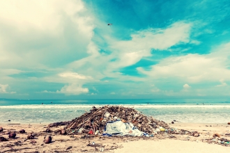 Ocean plastics in a pile with sticks on a remote beach