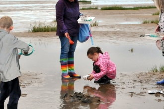 Children taking part in a Lancashire Wildlife Trust mud dipping event