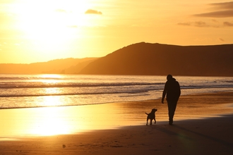 Someone walking along a beach with their dog at sunset, silhouetted in the fading light