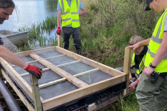 Tom, Lorna and their team of young conservation interns building new tern rafts out of recycled materials found at Brockholes.