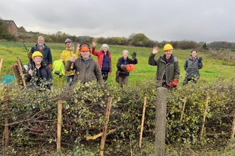 A group of volunteers standing in a field behind a hedge, waving at the camera and smiling