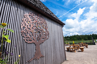 A photo of the Memory Tree on the Visitor Village at Brockholes, with picnic benches in the background.