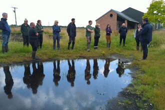 Group of people next to a pond in a green field