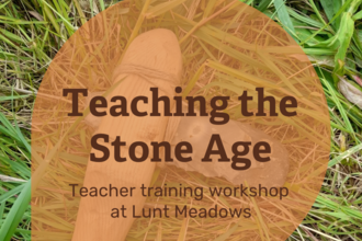 text saying teaching the stone age teacher training workshop at Lunt Meadows laid over a replica middle stone age axe
