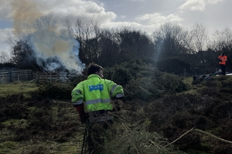 Employee from APEM Limited conducting non native species removal of gorse plant