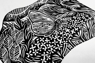 One colour lino print of a butterfly by Ian Halawi