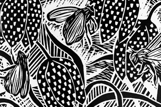 One colour lino print of snakeshead fritillary by Ian Halawi