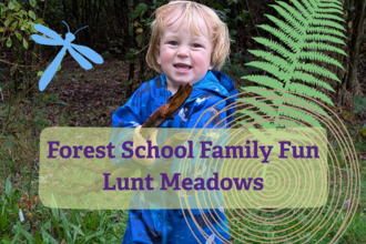 Forest school family fun Lunt Meadows written over a photo of a little boy holding a stick with graphics of a dragonfly, leaf and tree stump