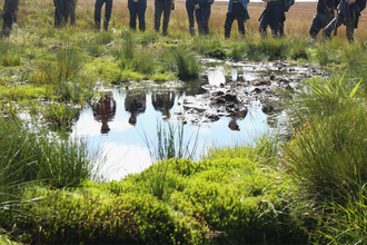 A reflection of people in a pool of water
