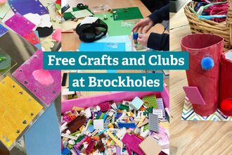 Three images of children's crafts and LEGO with text overlay which says 'free crafts and clubs at Brockholes'