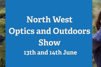 North West Optics and Outdoors Show 13th and 14th June with aerial photo of Brockholes floating visitor village on left and girl looking through binoculars on right.