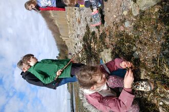 five people are seen exploring the tidal strandline on a beach