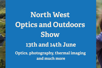 North West Optics and Outdoors Show 13th and 14th June with aerial photo of Brockholes floating visitor village on left and girl looking through binoculars on right.