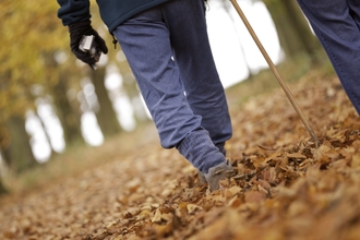 The legs of a couple walking through autumn leaves in a forest