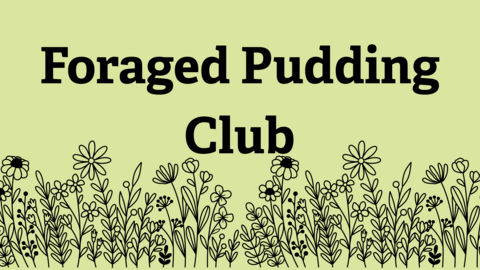 text says foraged pudding club with wildflower drawings below the text and a light green background