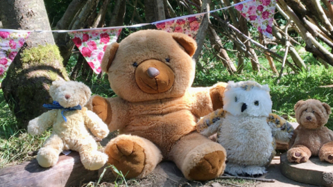 Three teddy bears and a cuddly owl toy sitting together in a woodland