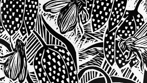 One colour lino print of snakeshead fritillary by Ian Halawi