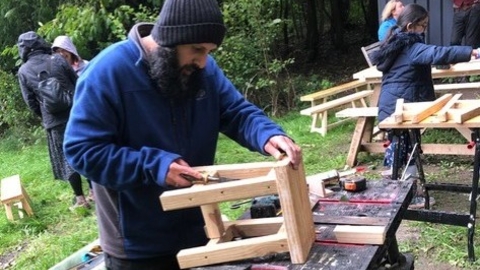 Making a Wooden Stool by hand outdoor workshop