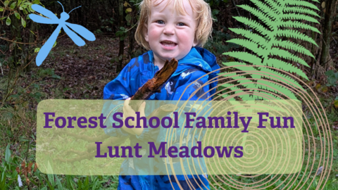 Forest school family fun Lunt Meadows written over a photo of a little boy holding a stick with graphics of a dragonfly, leaf and tree stump