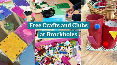 Three images of children's crafts and LEGO with text overlay which says 'free crafts and clubs at Brockholes'