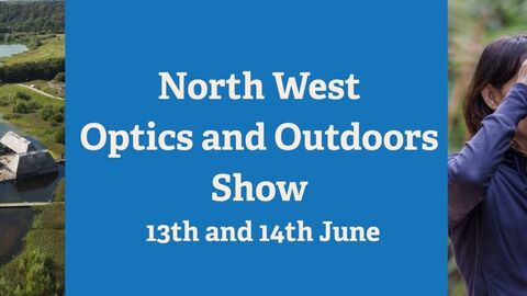 North West Optics and Outdoors Show 13th and 14th June with aerial photo of Brockholes floating visitor village on left and girl looking through binoculars on right.