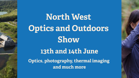 North West Optics and Outdoors Show 13th and 14th June with aerial photo of Brockholes floating visitor village on left and girl looking through binoculars on right.