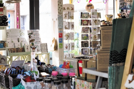 Eco-friendly bottles and products in The Nest gift shop at Brockholes
