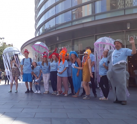 The Living Seas North West team ready to perform in a marine flash mob in Liverpool
