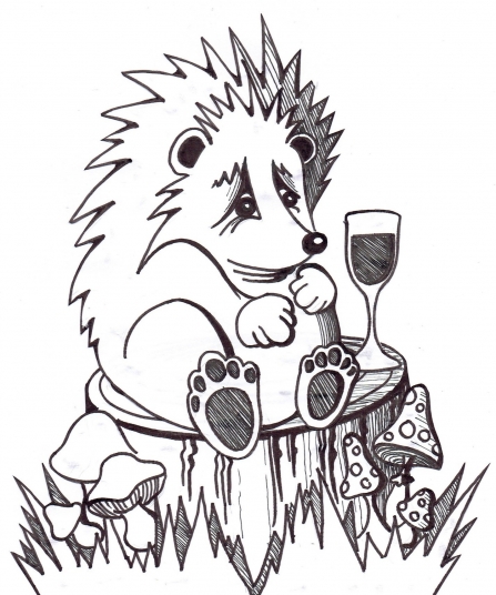 Illustration of a hedgehog sitting on a log with a glass of wine