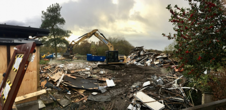 The oldest part of the Visitor Centre at Mere Sands Wood is demolished to make way for new facilities