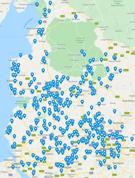 A map of hedgehog sightings across Lancashire, Manchester and North Merseyside
