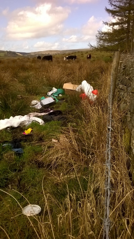 Rubbish that has been fly tipped littering the ground at Longworth Clough nature reserve